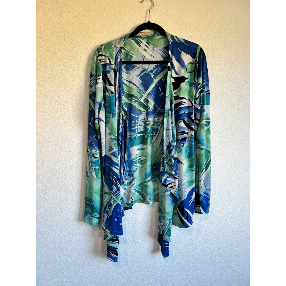 Complements Women's Blue Green Open Front Long Sleeve Cardigan Wrinkle Resistant